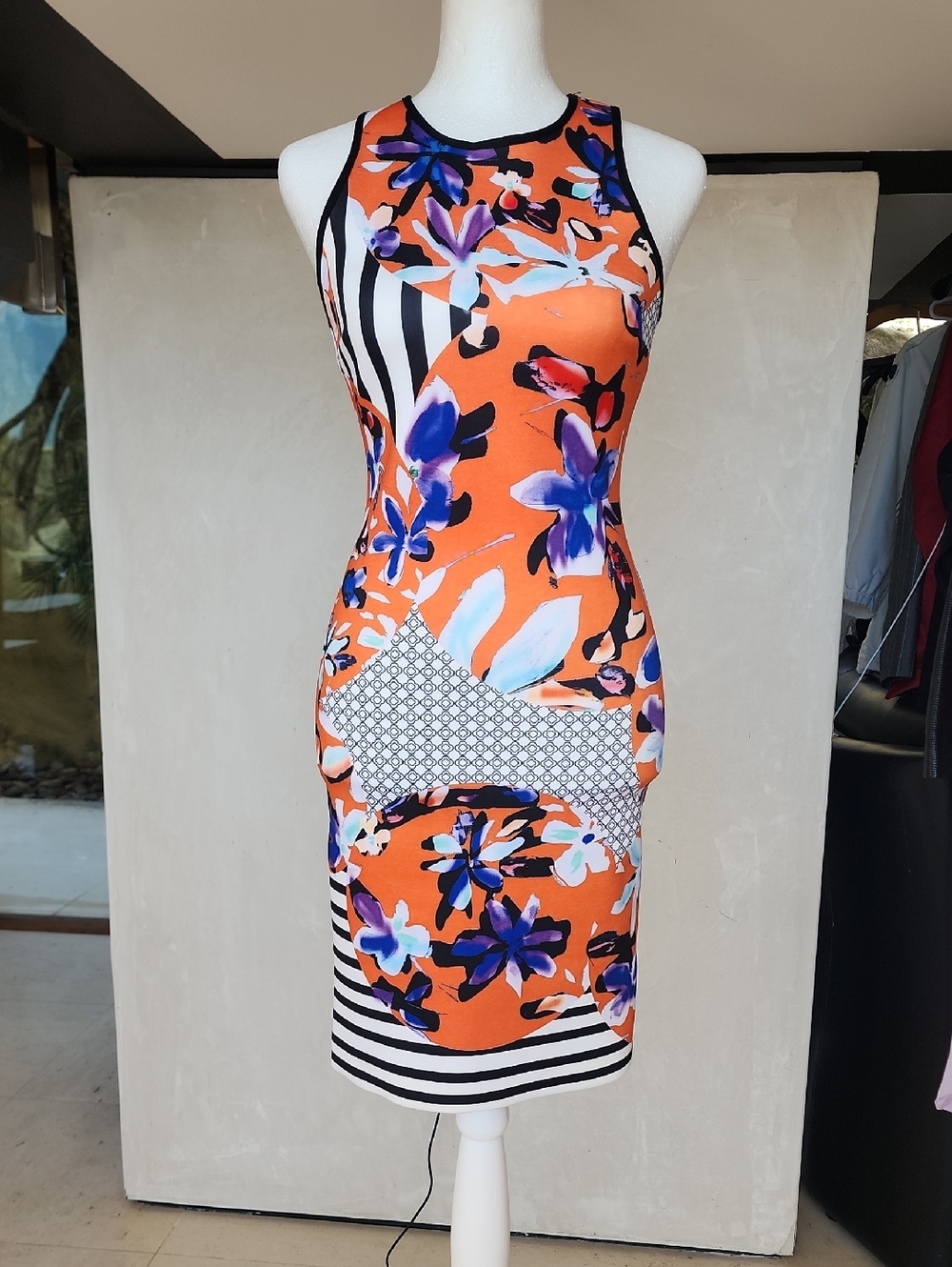 Clover Canyon Orange Floral Midi Dress with Purple Accents